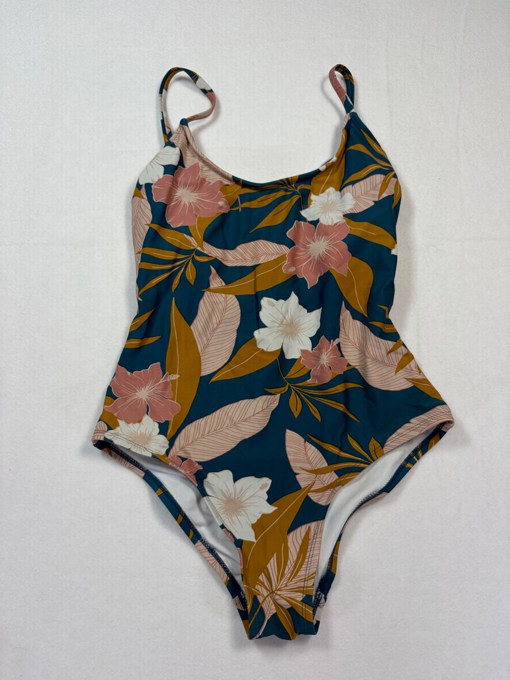 Kona Sol Womens Small One Piece Swimsuit Tropical Floral Criss Cross Back Blue